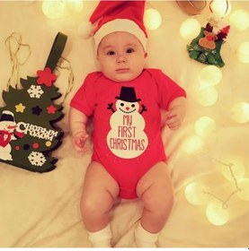 Resim Yılbaşı Noel Christmas Temalı Organik Bebek Body Şapka Takımı 9-12 Aylık Kırmızı 