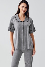 Resim Bebe Yaka Düğmeli Kısa Kollu Esnek Pamuklu Pijama Takım 17201 - Kahverengi / L 