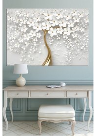 Resim Beyaz Gold Kabartma Görünümlü Dekoratif Çiçek Kanvas Tablo 90 x 60 