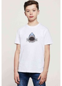 Resim Qivi Shark Attack Baskılı Unisex Çocuk Beyaz T-Shirt 