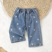 Resim Kızlar için Bohem Tarzı Çiçek Nakışlı Kot Pantolon - Esnek Geniş Bacaklı Rahat Pantolonlar Tüm Mevsimler İçin, Açık Mavi Yıkanmış Kot Şortlar, Dış Mekanlar İçin Mükemmel 