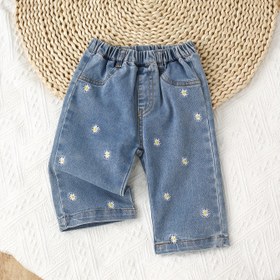 Resim Kızlar için Bohem Tarzı Çiçek Nakışlı Kot Pantolon - Esnek Geniş Bacaklı Rahat Pantolonlar Tüm Mevsimler İçin, Açık Mavi Yıkanmış Kot Şortlar, Dış Mekanlar İçin Mükemmel 