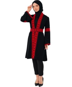Resim Zaytoon Tesettür Kaban Filistin Nakışlı Kırmızı Siyah Kısa Kaban Abaya Kadın 