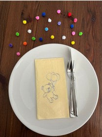 Resim Gümüş Yaldızlı Sarı Sevimli Ayı Baskılı Garson Katlama Peçete 16 Adet 