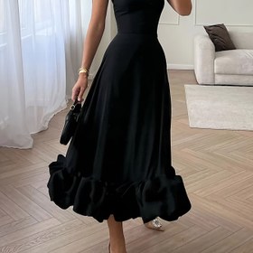 Resim Şık Kadın Maksi Elbise - Seksi Spagetti Askılı, Kabarcık Etek, Düz Renk Parti Elbisesi Volanlı Detaylı 