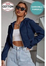 Resim Kadın Lacivert Crop Fitted Kapşonlu Zip Fermuarlı Polar Hırka Sweatshirt Koyu Lacivert 