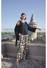 Resim Monamise Kadın Yaprak Desenli Ve Dantelli 3'lü Pijama Takımı 24143 Lacivert 