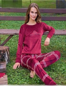 Resim Pijamoni Kadın Kışlık Bisiklet Yaka Likralı Kadife Pijama Takımı 4210/2- 1 Adet 001 