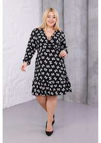 Resim Kadın Siyah Kurdele Desen Kruvaze Yaka Esnek Bel Büyük Beden Elbise Siyah 