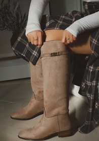 Resim POLKA STORE Daily Düz Tabanlı Tak-Çıkar Kemerli Tokalı Binici Çizme Kadın Ayakkabı Acı Kahverengi 