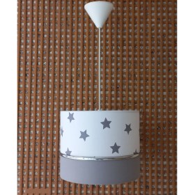 Resim Onay Avize Beyaz Yıldızlı Gri 2.li Set M-0390 Kumaş Kaplama Genç ve Çocuk Odası Avize ve Abajur Takımı 