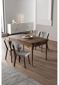 Resim Canisa Exve Serisi 80x132 Açılabilir Barok Ahşap Desen Masa Takımı Ve 4 Gri Sandalye Masa Siyah Mermer Desen Sandalyeler Gri 