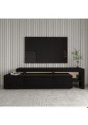 Resim Beliz Modern LED Işıklı 3 Kapaklı, Raflı TV Sehpası – 192 cm, Ahşap Siyah 