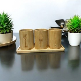 Resim Bambu Altlıklı 3'lü Çatal Kaşık Bıçak Düzenleyici Set 4 Parça Bambu 