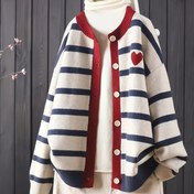 Resim Kadınlar için kırmızı kalp detaylı, uzun kollu, yuvarlak yaka, visko, tüm mevsimler için moda, rahat moda|Çizgili Desen|Visko 