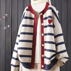 Resim Kadınlar için kırmızı kalp detaylı, uzun kollu, yuvarlak yaka, visko, tüm mevsimler için moda, rahat moda|Çizgili Desen|Visko 