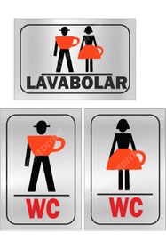 Resim sıradışıhediyem 3 LÜ SET GÜMÜŞ METAL WC YÖNLENDİRME VE UYARI LEVHASI HERBİRİ 15X10 CM 