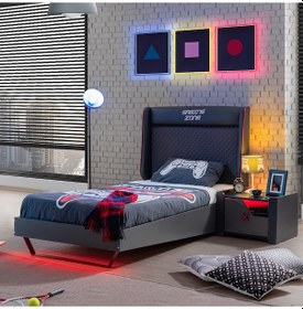 Resim Gamer Oyuncu Deri Başlıklı Ledli Karyola 