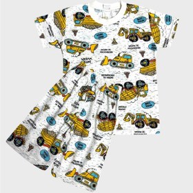 Resim Aliş Kids Erkek Çocuk Pamuklu Beyaz Araba İş Makinesi Desenli Kısa Kollu Şortlu Yazlık Pijama Takımı 