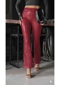 Resim Kadın Yüksek Bel Paçaya Doğru Geniş Deri Pantolon Bordo 