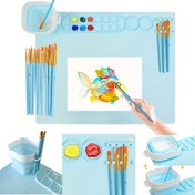 Resim 1 Set Silikon Boyama Matı ve Su Bardağı, 50.8x40.64 cm Silikon Sanat Matı Boyama Matları için Silikon El Sanatları Matı, Her Birinde 10 Fırça (Yeşil, Pembe, Mavi) 