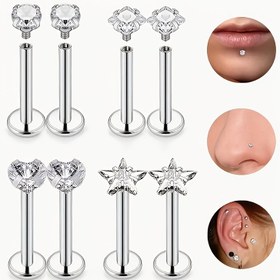 Resim 8 Paslanmaz Çelik Dudak Çivisi Şeffaf Zirkonya ile - Temel Geometri Piercing Seti, Kıkırdak, Spiral, Kabuk, Dudak, Burun için Uygun - Kaplamasız Sentetik Zirkonya Takı, Erkek ve Kadınlar için Günlük Kullanım için Uygun 