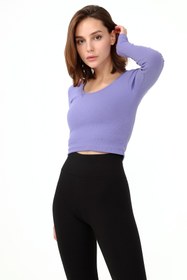 Resim LAENT Kadın Mor Bisiklet Yaka Uzun Kollu Fitilli Örme Crop Bluz 