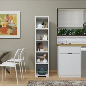 Resim Duru 40 Cm Mat Beyaz 5 Raflı Kiler Tek Kapılı Banyo Ve Elbise Dolabı - Gardırop Beyaz 