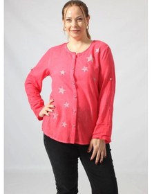 Resim Moda Berray 3294 Kırmızı Yıldız Baskılı Keten Kumaş Mevsimlik Gömlek Pembe 