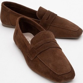 Resim Morne Kahverengi Süet Hakiki Deri Kadın Loafer Ayakkabı Kahve Süet 