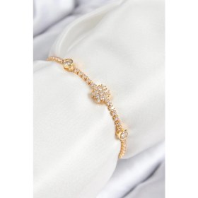 Resim Pirinç Zirkon Taşlı Kar Tanesi Model Gold Renk Asansörlü Kadın Bileklik 