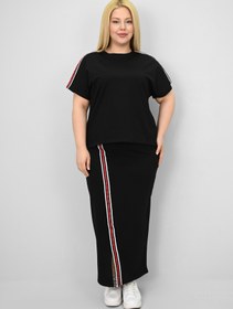 Resim Kadın Büyük Beden Kısa Kollu Şeritli Etek Takım 8204-25 - XL / Siyah 