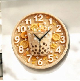 Resim Bubble Tea Kabartma Görünümlü Renkli Baskı Desenli Sayılı Hediyelik Ahşap Sessiz Duvar Saati 50cm ÇOk Renkli 