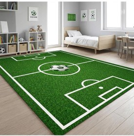 Resim Futbol Sahası Desenli Çocuk Odası Halısı Kaymaz Tabanlı Yıkanabilir Dijital Baskı Halı Yeşil 