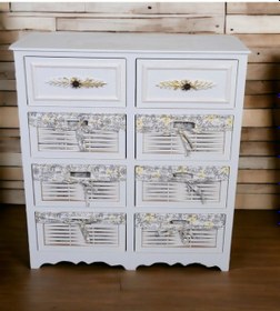 Resim Ahşap 8 Çekmeceli Hasır Görünümlü Sebzelik Beyaz 