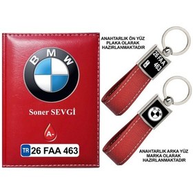 Resim Plakanıza Özel Bmw Logolu Kırmızı Ruhsat Kabı Ve Anahtarlık 