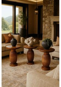 Resim Meşe Renk Ahşap Mantar Sehpa 3 Lü Set Doğal Zigon Ve Fiskos Takımı Kahverengi 