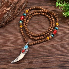 Resim Vintage Ahşap Boncuk Kolye Etnografik Kabile Sahte Diş Büyüsü ile - Unisex Uzun Kazak Zinciri Takı Günlük ve Parti Etkinlikleri İçin 