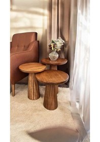 Resim Ahşap Mantar Sehpa 3 Lü Set Açık Ceviz Masif Doğal Fiskos Sehpa Ve Zigon Takımı - Çiçeklik Dekoratif Açık Ceviz 