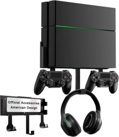 Resim Wall Mount for PS4, Stealth Wall Mount for PS4 Original (Old Model), with Detachable 2 Controller Holder & Headphone Hanger, Mount on The Wall or on The Back of The TV 