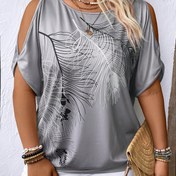 Resim Tropikal Yaprak Baskılı Kadın Büyük Beden Rahat Omuzlu T-Shirt - Yumuşak Polyester Karışımı, Yuvarlak Yaka, Kısa Kollu, Bahar/Yaz için Mükemmel, Rahat Yaz Giyimi | Tropikal Baskılı Üst | Esnek Kumaş 