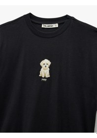 Resim Koton Bisiklet Yaka Kısa Kollu Köpek Nakışlı Pamuklu Oversize Tişört Antrasit 6sal10049ık Antrasit 