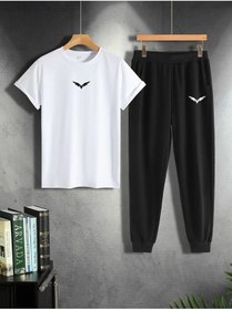 Resim CLAYES Kanat Beyaz T-shirt Siyah Eşofman Altı Jogger - Baskılı Alt Üst Takım Oversize Bisiklet Yaka 
