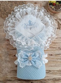 Resim Örgü Tericotton Taç Nakışlı İncili Güpür Çift Fiyonk Papatya Güpür Trilüks Kundak Bebek Battaniyesi Mavi Çok Renkli 
