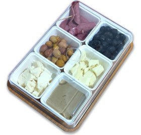 Resim Abnturk Ahşap Tepsili 6 Göz 8 Parça Kahvaltılık Seti Şeffaf Fanus Kapak 