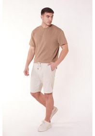 Resim Erkek Yandan Cepli Beli Bağcıklı Jogger Bej Keten Şort Bej 