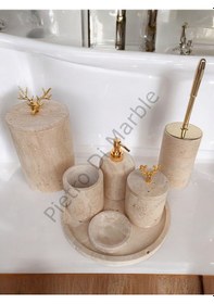 Resim Sarı Traverten Klasik Model 7 Parça Gold Renk Geyik Aksesuarlı Banyo Seti Sarı Traverten 