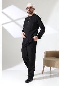 Resim Erkek Tek Cepli Gömlek Pantolon İkili Takım Hac Ve Umre Kıyafeti Siyah Vşn 