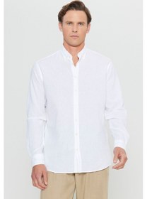 Resim AC&Co / Altınyıldız Classics Erkek Beyaz Pamuklu Keten Comfort Fit Rahat Kesim Düğmeli Yaka Armürlü Gömlek Beyaz 