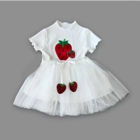 Resim 1-2-3 Yaş Payetli Çilek Baskılı Çilek Kuşaklı Kız Bebek Elbisesi Beyaz Beyaz 